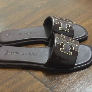 TORY BURCH SANDALS WOMEN DOUBLE T SPORT SLIDE Size 10 ColorPlum / Gold